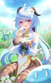 1girl ahoge bare_shoulders blue_butterfly blue_hair bodystocking breasts bug butterfly commentary_request cryo_slime_(genshin_impact) day detached_sleeves flower ganyu_(genshin_impact) genshin_impact goat_horns hair_between_eyes hair_flower hair_ornament highres holding holding_flower horns hyakuya_iori insect long_hair long_sleeves looking_at_viewer medium_breasts on_grass open_mouth outdoors purple_eyes qingxin_flower sitting slime_(genshin_impact) solo very_long_hair wariza white_flower white_sleeves
