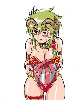 Rule 34 | 1980s (style), 1girl, absurdres, alien, armlet, armor, arms at sides, bare arms, bare shoulders, bikini, bikini armor, blush, bracelet, breasts, cooking, cooking pot, curled horns, full-face blush, gem, green hair, happy valentine, hatching, hatching (texture), highres, horns, jewelry, kahm, linear hatching, looking to the side, manabe jouji, nervous, nervous sweating, o-ring, o-ring bikini, o-ring top, official art, oldschool, outlanders, red armor, red bikini, red eyes, retro artstyle, ribbon, short hair, simple background, solo, solo focus, sweat, swimsuit, thighlet, thighs, valentine, white background, wide hips