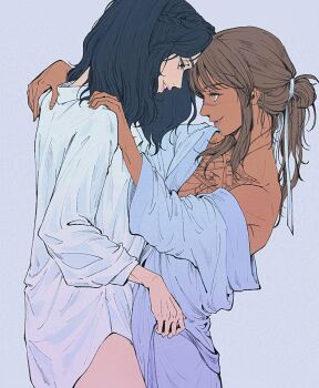 2girls black_hair brown_hair clair_obscur:_expedition_33 closed_mouth commentary_request hair_ribbon hand_on_another&#039;s_shoulder highres hoj_duck korean_commentary lune_(clair_obscur:_expedition_33) medium_hair multiple_girls parted_lips ribbon scar scar_on_face scar_on_nose sciel_(clair_obscur:_expedition_33) yuri