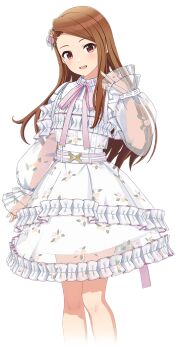 1girl belt brown_hair dress floral_print forehead idolmaster idolmaster_(classic) idolmaster_shiny_colors idolmaster_shiny_colors_song_for_prism minase_iori neck_ribbon official_art open_mouth red_eyes ribbon see-through_clothes solo transparent_background