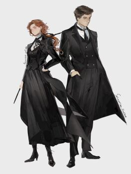 Rule 34 | 1boy, 1girl, absurdres, black boots, black coat, black eyes, black necktie, black pants, black ribbon, black shoes, black skirt, black vest, blue eyes, boots, brown hair, buttons, character name, closed mouth, coat, collared shirt, commentary, double-breasted, dress shoes, english commentary, full body, gynger edventray (hiiragimare), hand in pocket, hand on own hip, high heel boots, high heels, highres, hiiragimare, hogwarts legacy, holding, holding wand, lace-up boots, long hair, long skirt, necktie, oc x canon, open clothes, open coat, original, pants, ponytail, red hair, ribbon, sebastian sallow, shirt, shoes, short hair, simple background, skirt, standing, vest, wand, white background, white shirt, wizarding world