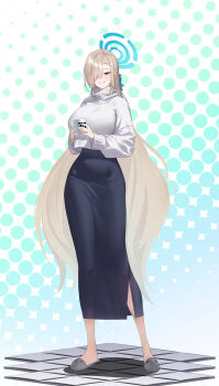 1girl alternate_costume asuna_(blue_archive) black_skirt blue_archive blue_background blue_eyes blue_halo blue_nails blue_ribbon breasts brown_hair bunpil colorful_background commentary_request cup full_body grey_slippers grin hair_over_one_eye hair_ribbon halo highres holding holding_cup large_breasts long_hair long_skirt long_sleeves millennium_science_school_logo mug polka_dot polka_dot_background ribbon skirt slippers smile solo sweater tile_floor tiles turtleneck turtleneck_sweater very_long_hair white_background white_sweater