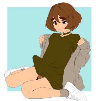 1boy aqua_background border brown_eyes brown_hair bulge choker closed_mouth erection erection_under_clothes full_body green_choker green_shirt highres jacket male_focus open_clothes open_jacket opened_by_self original shirt shoes short_hair shota sitting sneakers solo testicles thernz trap wariza white_border white_shoes
