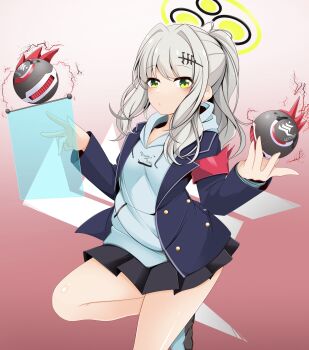 1girl absurdres black_skirt blue_archive gradient_background green_eyes grey_hair hair_ornament hairclip halo hare_(blue_archive) highres kagayai_akira leg_up long_hair sidelocks skirt solo thighs yellow_halo