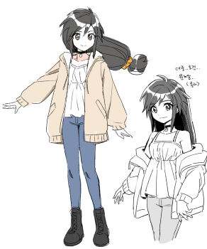 alternate_costume bare_shoulders black_boots black_choker black_hair blue_pants boots breasts brown_coat brown_eyes casual choker coat coat_partially_removed contemporary dede_(qwea_00000) final_fantasy final_fantasy_ix full_body garnet_til_alexandros_xvii hair_between_eyes hair_ornament hair_scrunchie highres light_smile long_hair low-tied_long_hair medium_breasts multiple_views orange_scrunchie pants pendant_choker scrunchie shirt sketch spaghetti_strap standing white_background white_shirt