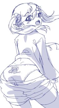 1girl ahoge ass back-print_panties digimon digimon_universe:_appli_monsters dokamon gerusyu karan_eri long_hair monochrome panties pink_hair print_panties purple_eyes sketch solo twintails underwear