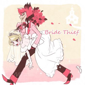 1boy 1girl alastor_(hazbin_hotel) alternate_costume alternate_hairstyle blonde_hair bouquet bridal_veil bride carrying carrying_person charlie_morningstar church commentary_request dress elbow_gloves english_text flower formal_clothes gloves groom hazbin_hotel hellaverse high_heels holding holding_bouquet laughing pale_skin pompomhz red_eyes red_hair sharp_teeth shoes short_hair suit teeth veil wedding_dress white_dress white_gloves white_shoes