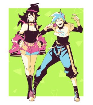 absurdres alternate_costume backwards_hat blue_hair boyfriend_(friday_night_funkin&#039;) friday_night_funkin&#039; full_body girlfriend_(friday_night_funkin&#039;) hat hiffuu highres long_hair microphone off_shoulder pants rapping shirt short_hair short_shorts shorts sweatpants t-shirt