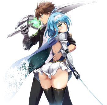 1boy 1girl ahoge armor ass ass_focus black_thighhighs blue_hair braid brown_hair cape gauntlets green_eyes hairband highres looking_back miniskirt nonaka_yuki official_art ookuma_nekosuke over_shoulder parted_lips pauldrons petals pleated_skirt shinmai_maou_no_testament short_hair shoulder_armor side_braid simple_background skindentation skirt sword thighhighs thighs toujou_basara weapon weapon_over_shoulder white_background yellow_eyes