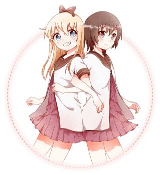 2girls back-to-back bafarin blonde_hair blue_eyes bow brown_bow brown_eyes brown_hair circle commentary_request dress funami_yui grin hair_bow hair_ornament long_hair looking_at_another multiple_girls nanamori_school_uniform pleated_dress red_dress sailor_collar sailor_shirt school_uniform shirt short_dress short_hair short_sleeves simple_background smile teeth toshinou_kyouko v-shaped_eyebrows white_background white_shirt yuruyuri