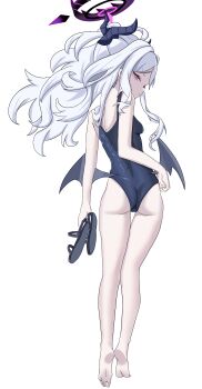 1girl absurdres ahoge ass barefoot black_halo blue_archive breasts demon_girl demon_horns demon_wings halo highres hina_(blue_archive) hina_(dress)_(blue_archive) hina_(swimsuit)_(blue_archive) horns long_hair looking_at_viewer low_wings mili_mli old_school_swimsuit purple_eyes school_swimsuit simple_background small_breasts standing swimsuit white_background white_hair wings
