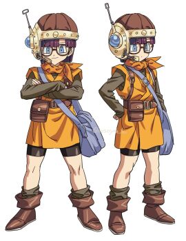 1girl bag bike_shorts black_shorts blue_eyes blunt_bangs blunt_ends boots brown_boots chrono_trigger closed_mouth crossed_arms dot_mouth full_body glasses grey_shirt grey_socks hand_on_own_hip headset helmet hosodayo lucca_ashtear multiple_views neckerchief orange_neckerchief orange_tunic parted_bangs purple_hair shirt short_hair shorts shoulder_bag smile socks solo toriyama_akira_(style) tunic white_background