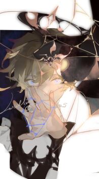 1boy blonde_hair blue_eyes broken_glass collared_shirt glass hair_between_eyes hand_up highres liulianjingrua long_sleeves looking_at_viewer male_focus original shirt short_hair solo string