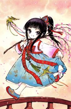 1girl bird black_hair child chun_hyang clamp female_focus full_body grey_eyes hair_ornament happy korean_clothes long_hair ponytail shin_shunka-den solo tsubasa_chronicle very_long_hair aged_down