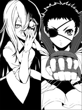 2girls chyko commentary_request eyelashes eyepatch fingerless_gloves gloves greyscale grin long_hair monochrome multiple_girls original own_hands_together shadow short_hair slit_pupils smile split_screen v-shaped_eyebrows very_short_hair