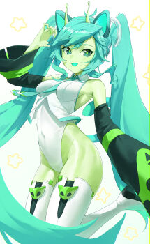 1girl :d absurdres alien animal_ears antennae aqua_eyes aqua_hair aqua_necktie aqua_trim bare_shoulders black_sleeves breasts cat_ears cat_girl cat_tail claw_pose collared_leotard colored_skin commentary covered_navel detached_sleeves glorpi_miku_(dyarikku) green_pupils green_skin green_sleeves hand_up hatsune_miku highleg highleg_leotard highres impossible_clothes impossible_leotard leg_up leotard long_hair looking_at_viewer matmaj medium_breasts messy_hair necktie open_mouth simple_background sleeves_past_fingers sleeves_past_wrists smile solo standing standing_on_one_leg tail thighhighs twintails two-tone_sleeves very_long_hair vocaloid white_background white_leotard white_thighhighs wing_collar