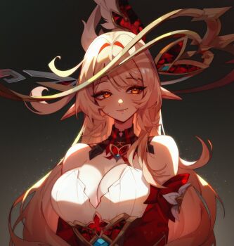 alice_(genshin_impact) blonde_hair breasts cleavage dress elf genshin_impact hair_ornament highres large_breasts long_hair orange_eyes pointy_ears red_dress