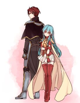 Rule 34 | 1boy, 1girl, 2025, aqua eyes, aqua hair, armor, armored boots, back-to-back, black capelet, black shirt, boots, breastplate, breasts, cape, capelet, commentary request, eirika (fire emblem), fingerless gloves, fire emblem, fire emblem: the sacred stones, full body, gloves, grey armor, grey boots, hand on own arm, heel up, height difference, highres, long hair, long sleeves, looking at viewer, looking back, nintendo, parted bangs, pauldrons, pink background, red boots, red eyes, red gloves, red hair, red shirt, sayu030b, seth (fire emblem), shirt, short hair, short sleeves, shoulder armor, skirt, small breasts, standing, thigh boots, thighhighs, two-tone background, watermark, white background, white skirt, yellow armor, yellow cape, zettai ryouiki