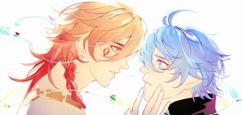 2boys absurdres antenna_hair blonde_hair blue_eyes blue_hair braid commentary_request eye_contact facial_tattoo gold_necklace gradient_hair hair_between_eyes highres honkai:_star_rail honkai_(series) jewelry looking_at_another male_focus multicolored_hair multiple_boys mydei_(honkai:_star_rail) mzlnnng necklace parted_lips phainon_(honkai:_star_rail) red_hair red_tattoo short_hair side_braid simple_background single_braid tattoo tears teeth white_background yaoi yellow_eyes