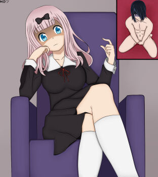1boy 1girl armchair blue_eyes blunt_bangs bow bowtie breasts chair clothed_female_nude_male completely_nude covering_crotch covering_privates disgust dress femdom fujiwara_chika hair_ornament highres humiliation ishigami_yuu kaguya-sama_wa_kokurasetai_~tensai-tachi_no_renai_zunousen~ kneeling large_breasts legs mdtsu medium_hair nude penis pink_hair scene_reference school school_uniform self-upload shuuchiin_academy_school_uniform sitting small_penis small_penis_humiliation text_focus tiny_gesture watermark