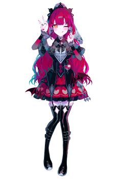 1girl ;q absurdres black_boots black_dress boots breasts closed_mouth demon_wings detached_sleeves dress earrings frilled_boots frilled_dress frills full_body haishin_shoujo_no_uraaka_meikyuu hands_up highres jewelry large_breasts long_hair looking_at_viewer minazuki_meika nail_polish official_art one_eye_closed print_dress red_hair red_nails second-party_source short_dress simple_background smile solo standing tachi-e thigh_boots tongue tongue_out transparent_background umemaro_(siona0908) w wings yellow_eyes