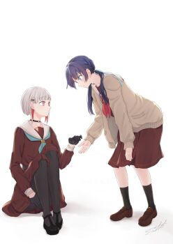2girls aqua_neckerchief black_gloves black_pantyhose black_shoes black_socks blue_eyes blue_ribbon brown_cardigan brown_dress brown_shoes cardigan commentary_request dress eye_contact full_body gloves grey_hair hair_ornament hair_ribbon hairclip half_gloves hasu_no_sora_school_uniform knees_up leaning_forward link!_like!_love_live! loafers long_hair long_sleeves looking_at_another love_live! low_twintails medium_dress multicolored_hair multiple_girls murano_sayaka neckerchief offering_hand open_cardigan open_clothes pantyhose pink_eyes pleated_dress red_hair red_neckerchief ribbon sailor_collar sailor_dress school_uniform shoes short_hair signature simple_background sitting socks star_(symbol) star_hair_ornament streaked_hair suito twintails virtual_youtuber white_background white_sailor_collar winter_uniform yugiri_tsuzuri