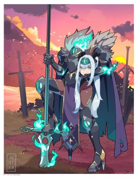 1girl aqua_eyes armor armored_boots black_leotard blue_eyes blue_fire bodysuit boots breastplate cape cloud cross disembodied_head dullahan fire gauntlets glowing greaves grey_hair high_heels highres holding holding_polearm holding_weapon jesternalagon leotard long_hair looking_at_viewer original outdoors pauldrons planted planted_sword planted_weapon polearm shoulder_armor sidelocks solo spear standing sunset sword twintails weapon