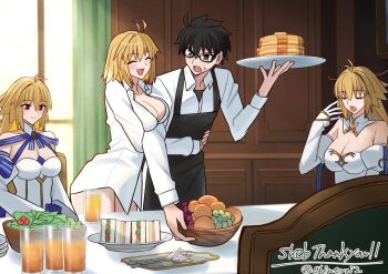 Rule 34 | 1boy, 3girls, :d, ahoge, apron, archetype earth, archetype earth (third ascension), arcueid brunestud, bare legs, bare shoulders, black apron, black eyes, black hair, black shirt, blonde hair, blue gloves, blue ribbon, blush, breakfast, breasts, chair, cleavage, closed eyes, collared shirt, detached sleeves, dining room, dress, drink, fate/grand order, fate (series), food, fruit bowl, gloves, gold trim, hair between eyes, hair intakes, happy, holding, holding plate, honey, hug, hug from behind, indoors, large breasts, long hair, multiple girls, multiple persona, no legwear, open mouth, pancake, pancake stack, partially unbuttoned, plate, ribbon, salad bowl, sandwich, shintyoi2, shirt, short hair, sitting, smile, sweat, table, thick thighs, thighs, tohno shiki, tsukihime, tsukihime (remake), white dress, white gloves, white shirt, yawning