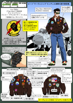 Rule 34 | aircraft, airplane, black hair, english text, f-14, f-14 tomcat, fighter jet, grumman corporation, holding lightning bolt, jacket, japanese text, leather, leather jacket, lightning bolt symbol, logo, military vehicle, muta koji, pete mitchell, story time (muta koji), sunglasses, top gun, translation request, united states air force, watch, weapon, weapon focus, weapon name, weapon profile