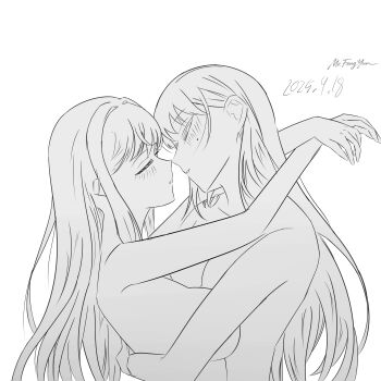 2girls absurdres arms_around_neck artist_name blush breasts closed_eyes commentary_request dated greyscale highres hug large_breasts long_hair looking_at_another mole mole_under_eye monochrome mr._fengyun multiple_girls nude original parted_lips upper_body yuri