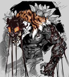 Rule 34 | 1boy, absurdres, animal ears, body fur, colored sclera, constricted pupils, cowboy shot, crazy eyes, dream tiger (govy9807), drooling, furry, furry male, highres, hunched over, iglaartist, male focus, muscular, muscular male, orange fur, orange sclera, original, personification, sharp teeth, solo, standing, teeth, tiger boy, tusks, white background, yellow eyes