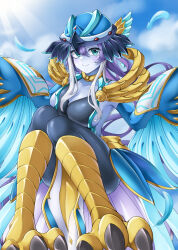 Rule 34 | 1girl, animal feet, armor, blue eyes, blue skin, breasts, cleavage, colored skin, duel monster, feathers, full body, harpy, hat, highres, knees up, large breasts, long hair, lyrilusc - ensemblue robin, monster girl, nobea, purple hair, shoulder armor, sitting, smile, solo, very long hair, winged arms, wings, yu-gi-oh!