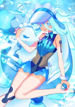 1girl absurdres air_bubble arm_tattoo blue_eyes blue_hair bracelet bright_pupils bubble dive_ball eyelashes gen_7_pokemon hand_on_another&#039;s_head hatsune_miku highres holding holding_poke_ball jewelry long_hair nintendo number_tattoo open_mouth poke_ball pokemon pokemon_(creature) primarina project_voltage puyosmly smile swimsuit tan tanline tattoo underwater very_long_hair visor_cap vocaloid water_miku_(project_voltage) white_pupils