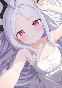 1girl absurdres ahoge armpits blue_archive breasts demon_girl demon_horns highres hina_(blue_archive) horns long_hair looking_at_viewer naiyoubuding purple_eyes small_breasts solo white_hair