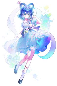 1girl absurdres black_shoes blue_dress blue_eyes blue_hair blue_ribbon blush dress full_body grin hair_between_eyes hair_intakes hair_ribbon hand_in_own_hair highres it_po_(sss_cmy) kaku_seiga layered_dress leg_ribbon long_hair medium_dress red_ribbon ribbon sash shoes short_sleeves smile socks solo touhou white_background white_socks