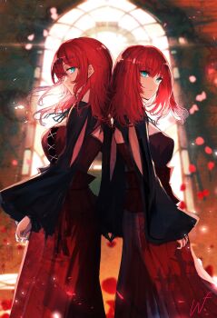 2girls absurdres aqua_eyes back-to-back back_cutout belt black_shrug breasts clothing_cutout cowboy_shot devola dress expressionless film_grain from_side hair_between_eyes highres holding_hands indoors large_breasts long_dress long_sleeves looking_at_viewer medium_hair multiple_girls nier nier_(series) popola red_belt red_dress red_hair shrug_(clothing) siblings sidelocks sideways_glance signature sisters sleeves_past_wrists strapless strapless_dress twins unf_(unotfound_404) wide_sleeves