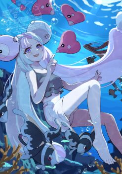 1girl air_bubble bare_shoulders barefoot bikini blue_hair blush bow-shaped_hair breasts bubble character_hair_ornament coral fake_hair_bun fang feebas fish gen_3_pokemon gen_4_pokemon hair_ornament iono_(pokemon) long_hair lumineon luvdisc midriff milotic mizuiro123 multicolored_hair nintendo ocean open_mouth pink_hair pokemon pokemon_(creature) pokemon_sv shorts smile split-color_hair swimsuit tank_top teeth two-tone_hair underwear very_long_hair water