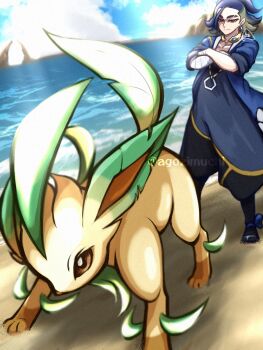 Rule 34 | 1boy, adaman (pokemon), bandaged arm, bandages, blue hair, blue jacket, brown eyes, chimaki (agozimuchi), closed mouth, commentary request, crossed arms, eyebrow cut, eyelashes, gen 4 pokemon, green hair, highres, jacket, leafeon, male focus, medium hair, multicolored hair, nintendo, outdoors, pokemon, pokemon (creature), pokemon legends: arceus, sand, standing, twitter username, two-tone hair, water