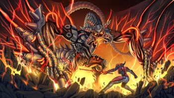 1girl absurdres armor asymmetrical_arms battle bodysuit cybernetic cyborg day_of_wrath_(infinitypilot) demon demon_girl demon_horns doom_(2016) doom_(series) doom_3 dragon dragon_horns dragon_tail dragon_wings electricity elite_guard_(doom) energy_wings fanfic fantasy fighting_stance full_armor glowing glowing_eyes glowing_sword glowing_weapon glowing_wings hell highres holding holding_sword holding_weapon horns malcom_betruger_(doom) maledict_(doom) mechabare monster monster_girl non-humanoid_robot red_armor robot robot_dragon ruby_taylor_(day_of_wrath) science_fiction skull soldier substance20 sword tail warrior weapon wings