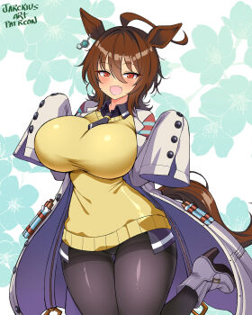 1girl agnes_tachyon_(tach-nology)_(umamusume) agnes_tachyon_(umamusume) ahoge animal_ears black_pantyhose blush breasts brown_hair coat collared_shirt earrings fang hair_between_eyes highres horse_ears horse_girl horse_tail huge_ahoge jarckius jewelry lab_coat large_breasts long_sleeves looking_at_viewer medium_hair necktie open_mouth pantyhose red_eyes shirt shoes short_necktie single_earring skin_fang sleeves_past_fingers sleeves_past_wrists smile solo sweater sweater_vest tail umamusume white_coat yellow_sweater yellow_sweater_vest