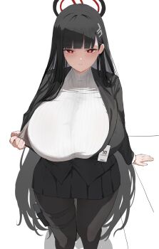 1girl black_hair black_pantyhose black_skirt blazer blue_archive blush breasts bright_pupils closed_mouth hair_ornament hairclip halo highres holster hth5k huge_breasts jacket light_smile long_hair pantyhose pleated_skirt pulling pulling_own_clothes red_eyes ringed_eyes rio_(blue_archive) simple_background skirt solo standing sweater thigh_holster turtleneck turtleneck_sweater very_long_hair white_background white_pupils white_sweater