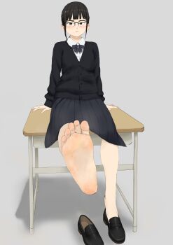 1girl absurdres barefoot black_eyes black_hair blush desk feet glasses highres loafers long_hair looking_at_viewer michimichi parted_lips school_desk school_uniform shoes soles steam toes unworn_shoes
