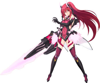1girl bare_shoulders black_thighhighs breasts choukou_(alicesoft) choukou_taisen_escalation_heroines cleavage covered_navel elbow_gloves escalayer_reverse gloves holding holding_sword holding_weapon large_breasts official_art onigirikun outstretched_arm ponytail red_eyes red_hair sword thighhighs weapon
