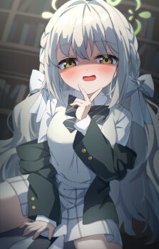 Rule 34 | 1girl, :d, absurdres, black bow, black jacket, black necktie, blue archive, blurry, blurry background, blush, book, bookshelf, bow, braid, brown eyes, collared shirt, commentary request, depth of field, diagonal-striped bow, grey hair, grey jacket, hair between eyes, hair intakes, halo, highres, jacket, long hair, looking at viewer, masaki (msk064), miyo (blue archive), necktie, off shoulder, open clothes, open jacket, open mouth, pleated skirt, shaded face, shirt, skirt, smile, solo, straddling, striped bow, sweater vest, very long hair, white shirt, white skirt