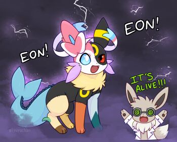 animal_ears animal_focus black_fur blue_eyes blue_sclera bow clothed_pokemon coke-bottle_glasses colored_sclera cosplay eevee espeon flareon fluffy forked_tail frankenstein frankenstein&#039;s_monster frankenstein&#039;s_monster_(cosplay) full_body gen_1_pokemon gen_2_pokemon gen_4_pokemon gen_6_pokemon giyu_(giyuyuchan) glaceon glasses highres jacket jolteon leaf leafeon mad_scientist neck_fur nintendo no_humans open_mouth orange_fur pink_fur pokemon pokemon_(creature) pokemon_focus purple_fur red_eyes red_sclera ribbon scientist smile standing stitched_face stitches sylveon tail umbreon vaporeon victor_frankenstein victor_frankenstein_(cosplay) yellow_fur