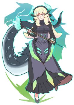 1girl black_dress blonde_hair breasts chamber_dragonmaid closed_mouth commentary_request dragon_horns dragon_tail dragon_wings dress duel_monster duster feathered_wings full_body highres holding holding_duster horns large_breasts long_sleeves maid shibumi simple_background smile solo tail white_background wings yu-gi-oh!