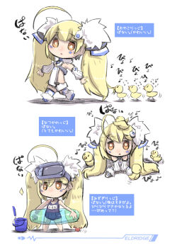 1girl :o ahoge animal azur_lane baby_animal bare_shoulders bird black_shoes blonde_hair blue_one-piece_swimsuit blush brown_eyes bucket character_name chibi chick crab detached_sleeves dress eldridge_(azur_lane) facial_mark flying_sweatdrops goggles goggles_on_head highres innertube long_hair long_sleeves one-piece_swimsuit parted_lips puffy_long_sleeves puffy_sleeves shadow shoes swim_goggles swim_ring swimsuit thighhighs translation_request transparent twintails u-non_(annon'an) very_long_hair white_background white_dress white_sleeves white_thighhighs