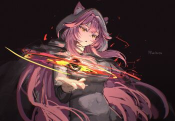 1girl animal_ears black_hole breasts glowing glowing_eyes highres hololive hololive_english large_breasts long_hair looking_at_viewer multicolored_hair panther_ears panther_girl pink_hair raora_panthera solo streaked_hair tail virtual_youtuber yellow_eyes yyuuikura