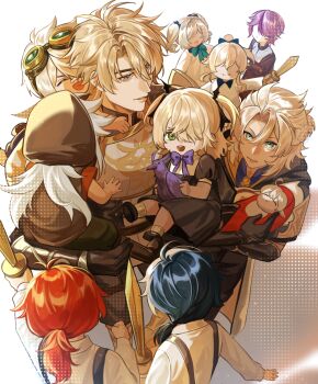 5girls 6+boys absurdres aged_down albedo_(genshin_impact) animal baby barbara_(genshin_impact) bennett_(genshin_impact) bird black_dress black_gloves black_hair blonde_hair blue_eyes bow brown_hood brown_shirt carrying carrying_baby carrying_person child commentary crescent_(cgcrescent) diluc_(genshin_impact) dress english_commentary fischl_(genshin_impact) genshin_impact gloves goggles goggles_on_head green_eyes grey_eyes hair_over_one_eye highres jean_(genshin_impact) kaeya_(genshin_impact) klee_(genshin_impact) long_hair multiple_boys multiple_girls ponytail purple_bow purple_hair razor_(genshin_impact) red_hair rosaria_(genshin_impact) shirt short_hair short_twintails sword twintails varka_(genshin_impact) weapon white_background white_hair white_shirt wooden_sword