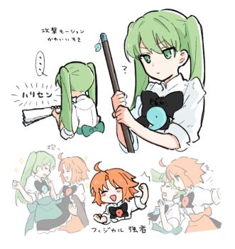 ... 2girls ? ahoge black_bow bow carrying commentary_request fate/grand_order fate_(series) green_eyes green_hair hibino_hibiki highres holding kanoko_iii katsuragi_chikagi magatama mahou_tsukai_no_hako multiple_girls multiple_views open_mouth orange_hair princess_carry simple_background smile spoken_ellipsis translation_request twintails white_background